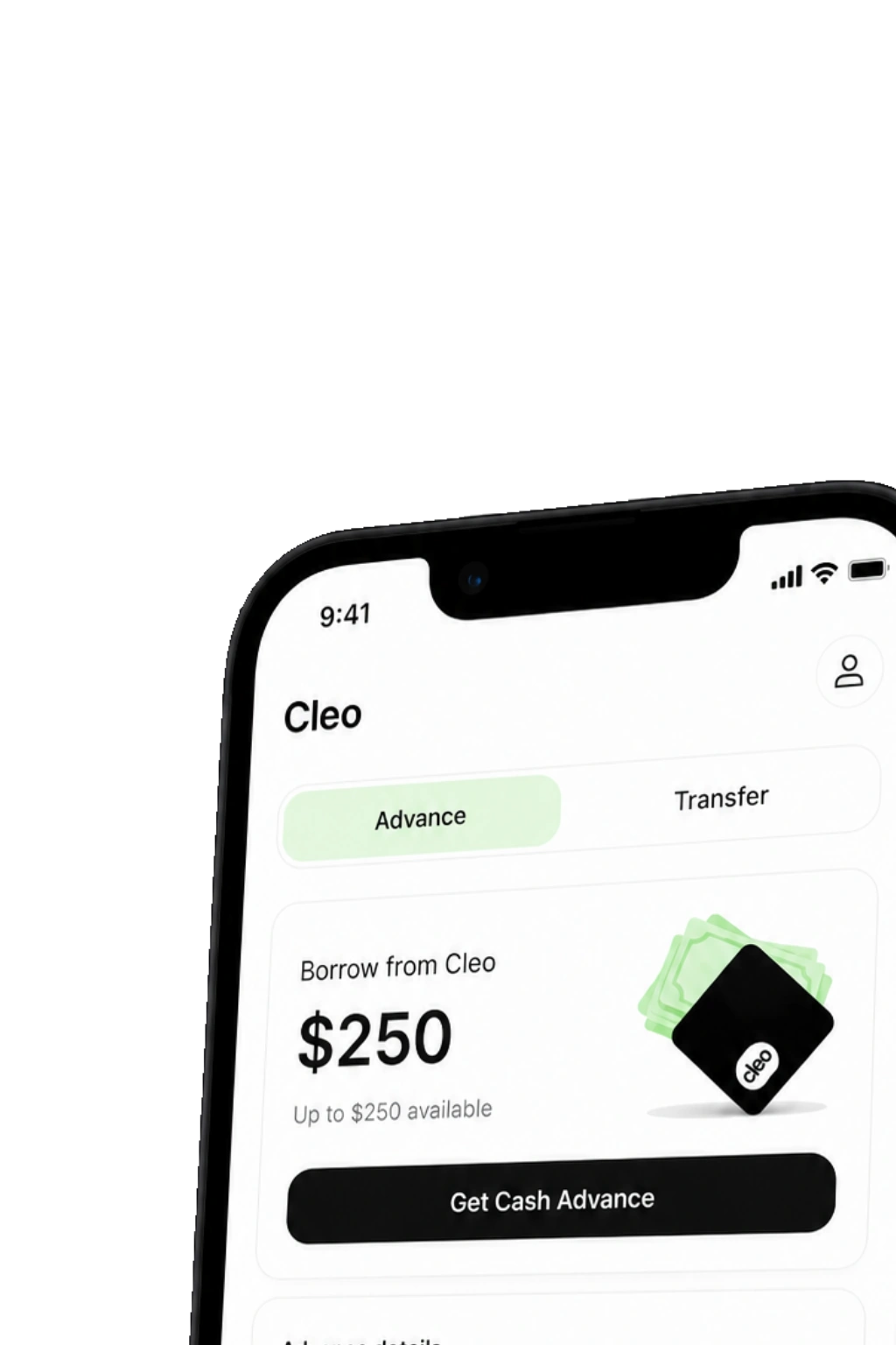 Cleo app cash advance screen — borrow $250 with Get Cash Advance button and repayment details