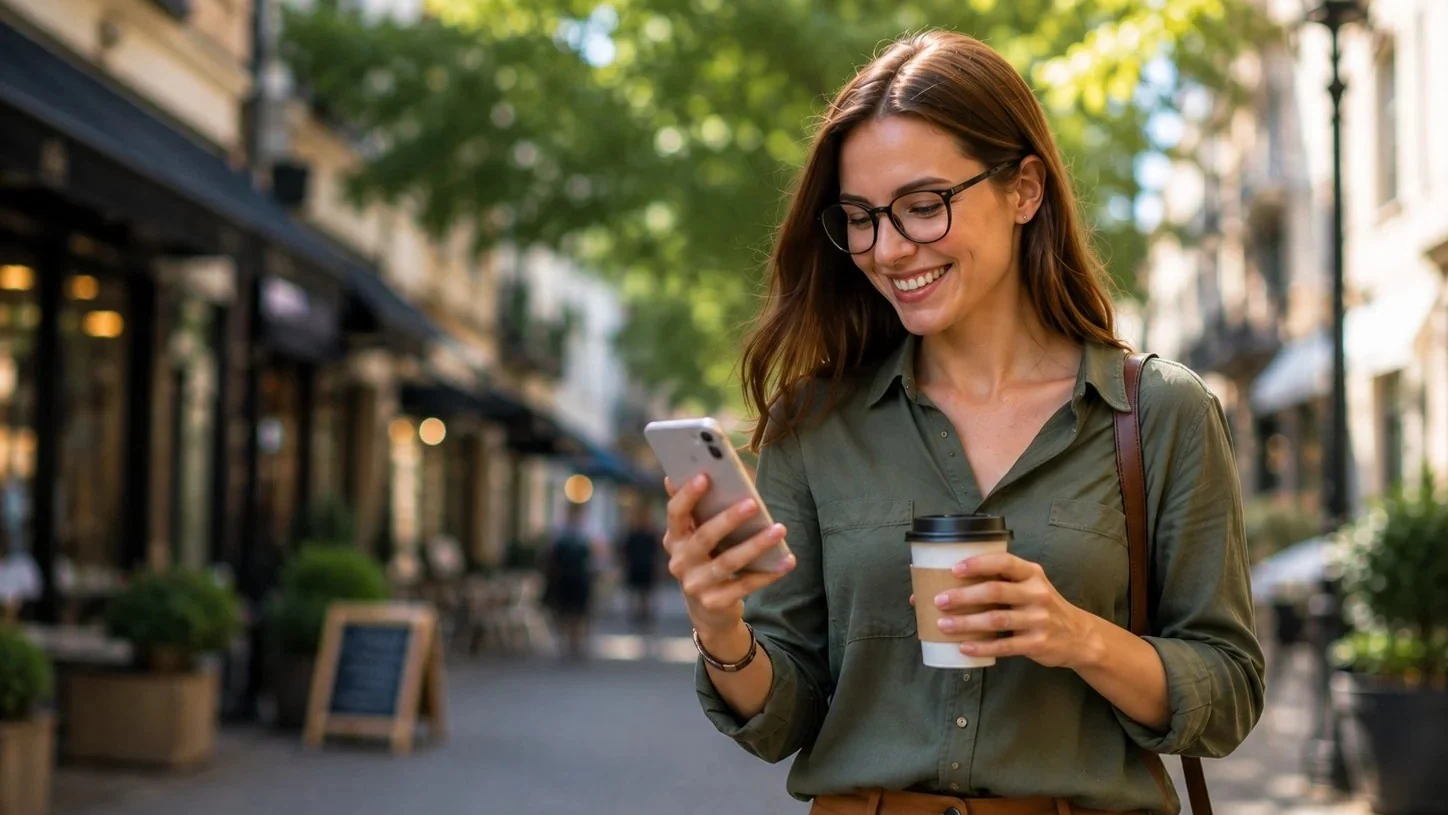 Young woman checking her credit score on the Cleo app while out in the city